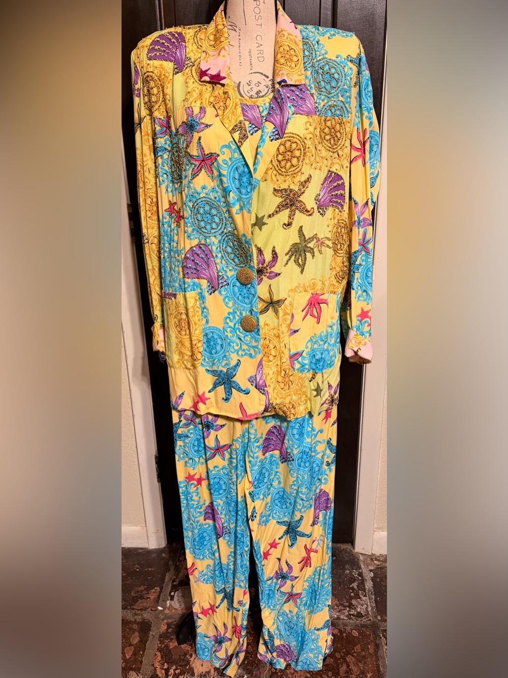 NWT Vintage Cache 4pc Baroque Ocean Beaded Set Jacket Top Pants Shorts L
